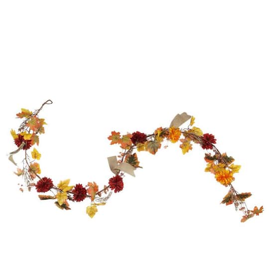 6ft. Unlit Autumn Harvest Thanksgiving Mixed Fall Leaf &#x26; Mum Flower Garland